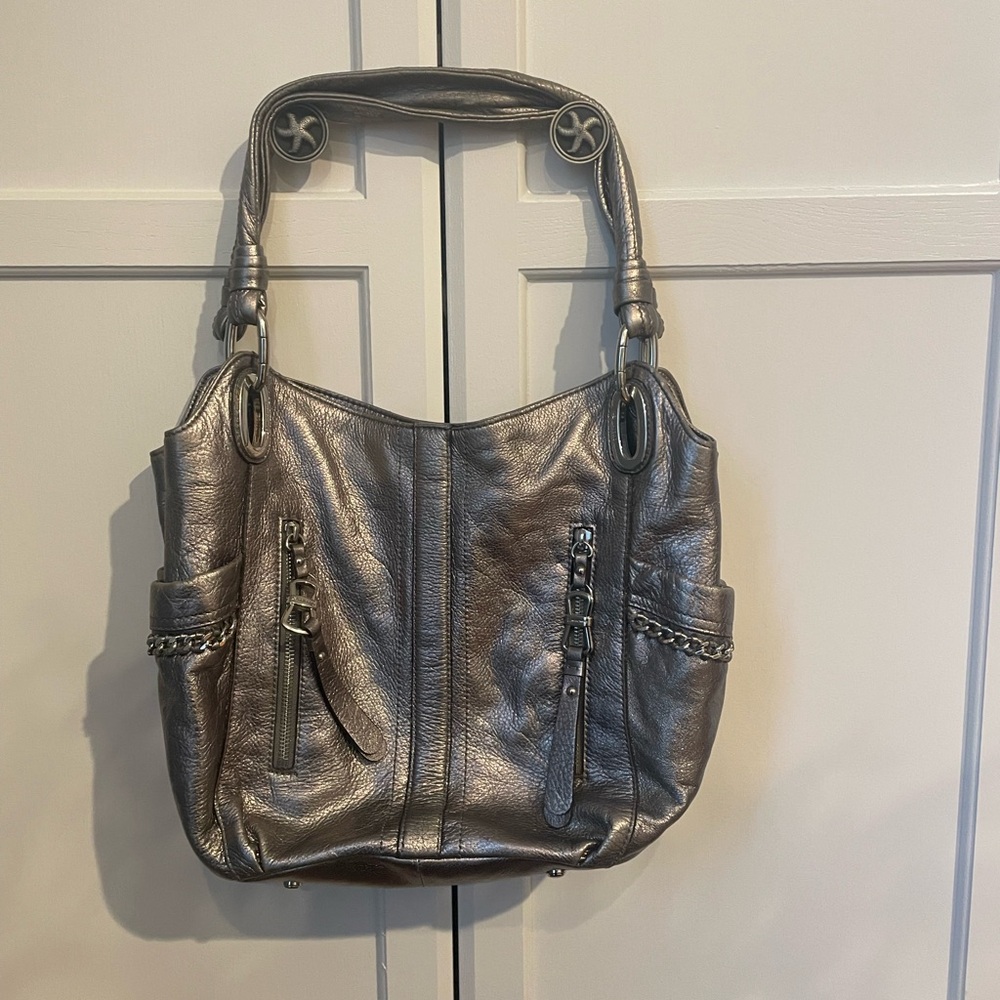 B. Makowsky Silver Shoulder Bag with Patchwork Design